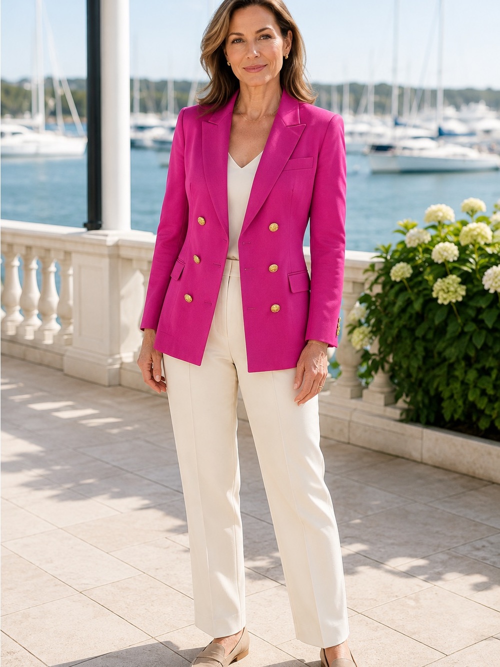 Vintage Talbots Petites 8P Hot Pink Double Breasted Gold Button Blazer USA Linen